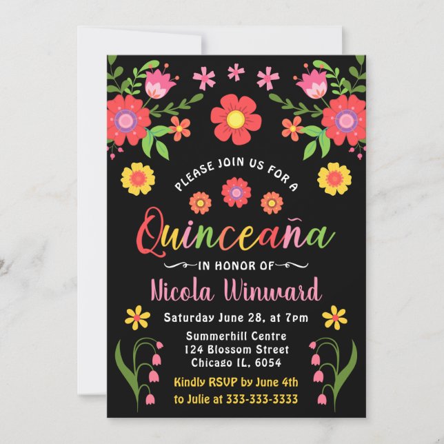 Invitation Fête mexicaine florale Quinceañera  (Devant)