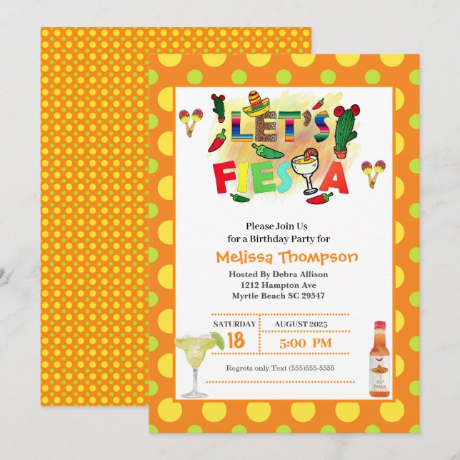 Invitation Fête mexicaine jaune et orange (Devant / Derrière)