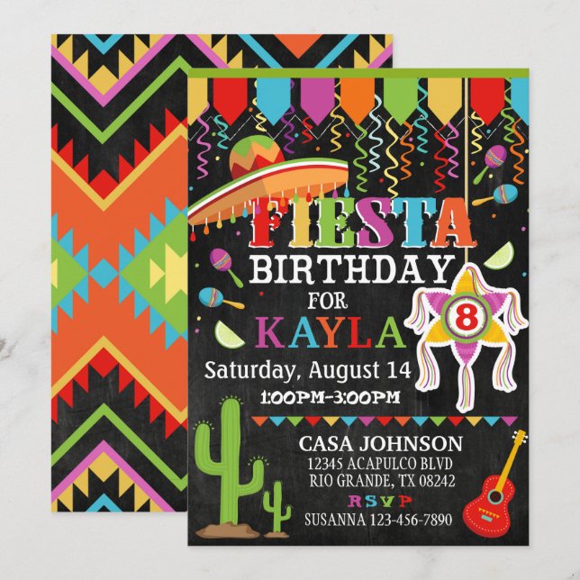 Invitation Fête mexicaine Pinata Party Couleurs vives Anniver (Devant / Derrière)