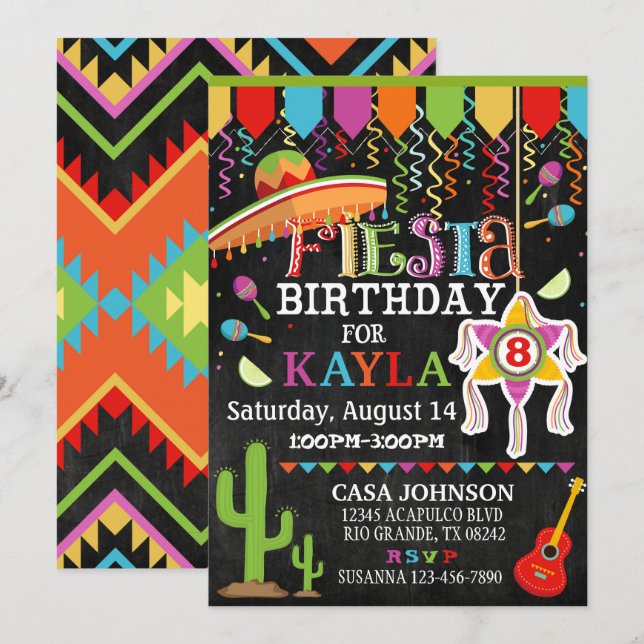 Invitation Fête mexicaine Pinata Party Couleurs vives Anniver (Devant / Derrière)