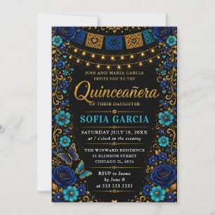 Invitation Fête mexicaine Quinceañera florale bleue