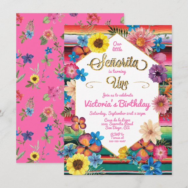 Invitation Fête mexicaine Señorita 1er Uno Anniversaire (Devant / Derrière)
