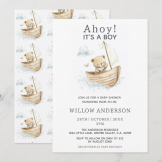 Invitation Fête minimale Ahoy C'est un garçon Ourson Voilier