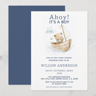 Invitation Fête minimale Ahoy C'est un garçon Ourson Voilier
