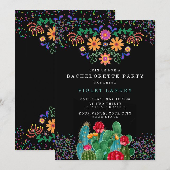 Invitation Fête moderne de Fiesta et Cactus Bachelorette (Devant / Derrière)
