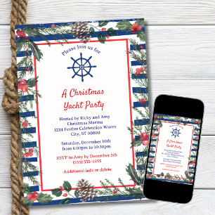 Invitation Fête Moderne de Noël sur un Yacht aux Rayures Bleu