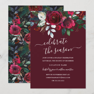 Invitation Fête moderne florale rouge Bourgogne vacances