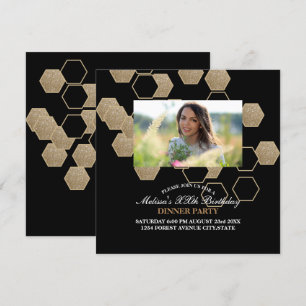 Invitation fête moderne géométrique hexagonale noire et or