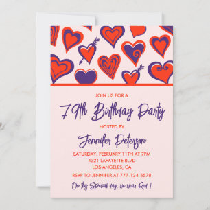 Invitation Fête Moderne Glamour Cœurs Rouge Violet 79e annive