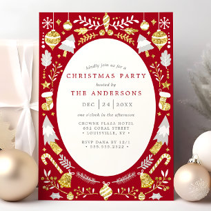 Invitation Fête Moderne Rouge et Or de Noël