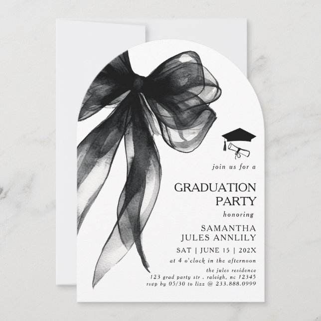 Invitation Fête moderne tendance Black Bow Graduation Party (Devant)