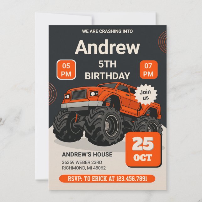 Invitation Fête Monster Truck Enfants sur mesure Anniversaire (Devant)