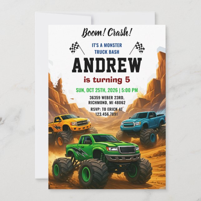 Invitation Fête Monster Truck pour enfant Anniversaire (Devant)