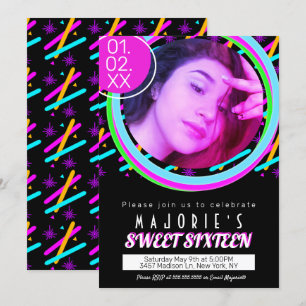 Invitation Fête néon Sweet Sixteen style club avec éclairage 
