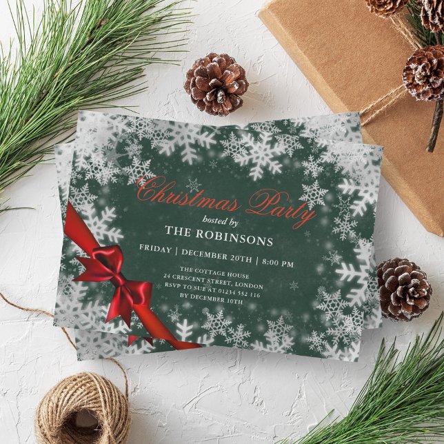 Invitation Fête Noël Argent Rouge Ribbon vert (Festive Holiday Christmas Silver Red Ribbon Green Invitation)