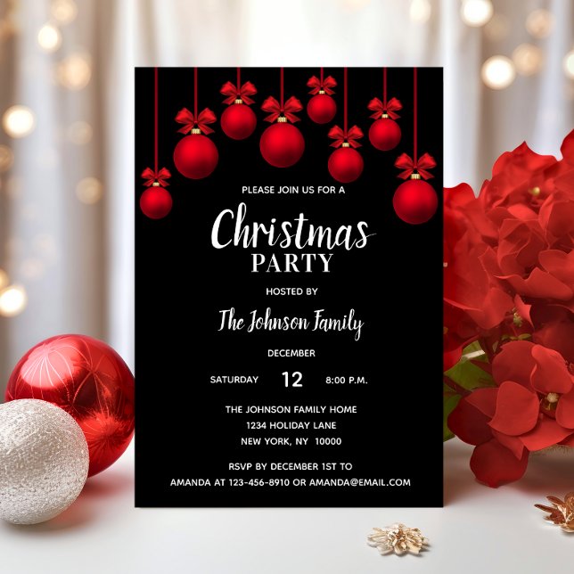 Invitation Fête NOËL FÊTE NOËL Blanc Rouge Noir Ornements (Holiday CHRISTMAS PARTY White Red Black Ornaments Invitation)