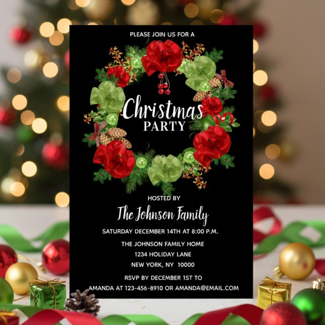 Invitation Fête NOËL FÊTE Wreath Black Red White (Holiday CHRISTMAS PARTY Wreath Black Red White Invitation)