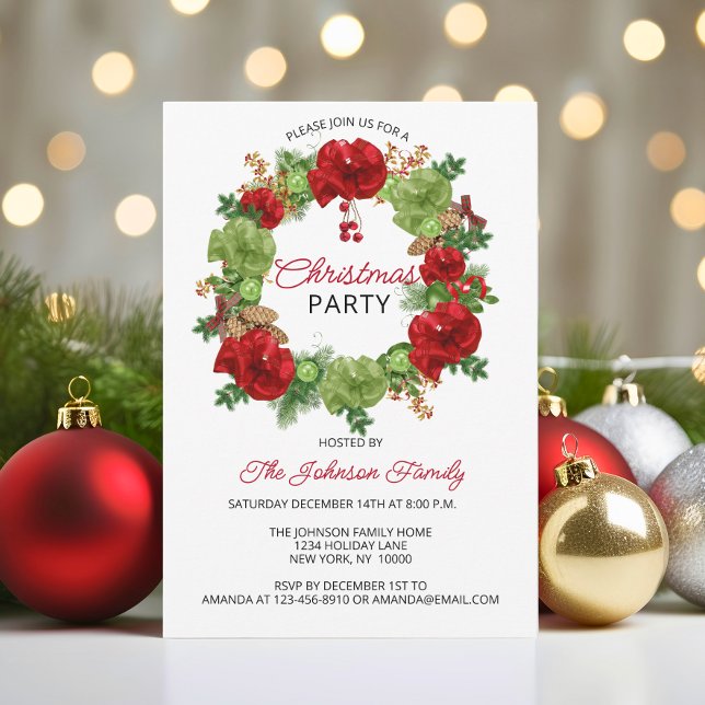Invitation Fête NOËL FÊTE Wreath Blanc Rouge Vert (Holiday CHRISTMAS PARTY Wreath White Red Green Invitation)