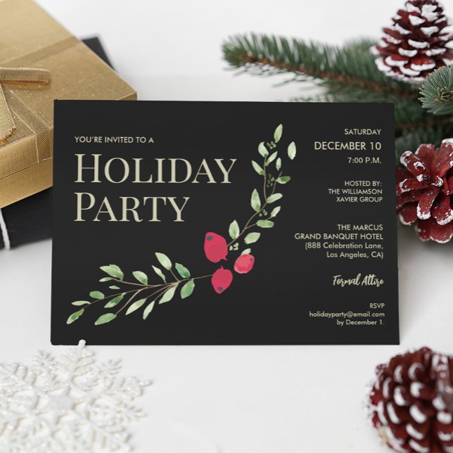 Invitation Fête Noël Red Holly Corporate Party (holiday party elegant holly office party invite.)
