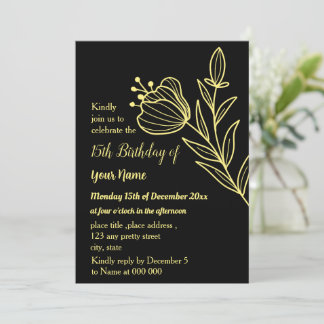 Invitation Fête noire de papillons en or simple