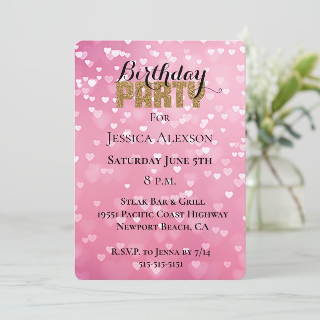 Invitation Fête Pailletée Or Cœurs Roses Blancs Anniversaire  (Debout devant)