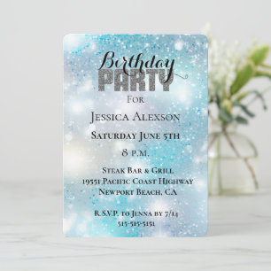 Invitation Fête Paillettes Argentées Aqua Bleu Bokeh Annivers