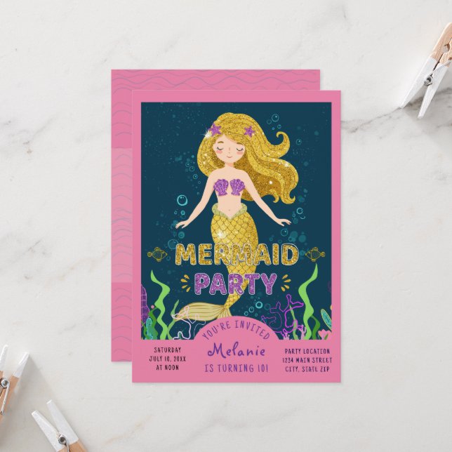 Invitation Fête Paillettes Sirène (Devant/Arrière en situation)