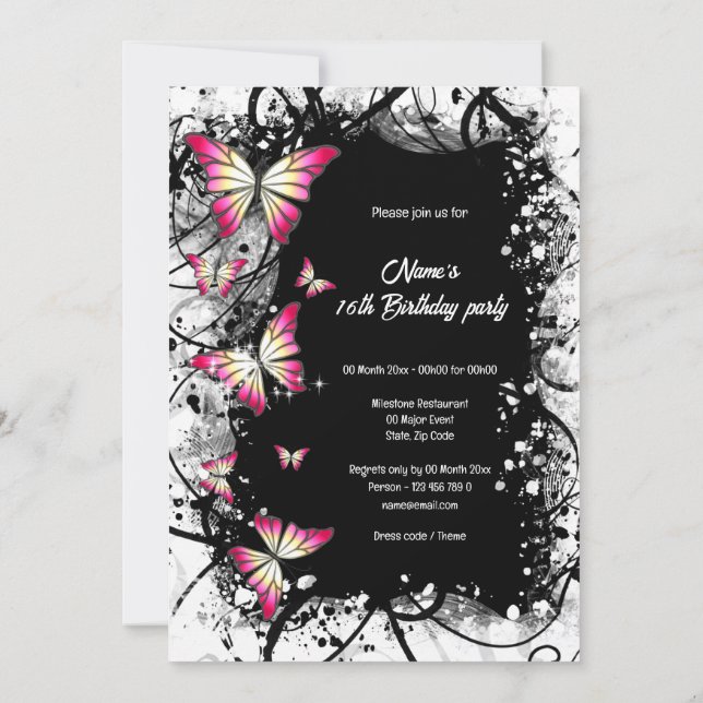 Invitation fête papillon rose noir blanc aquarelle (Dos)