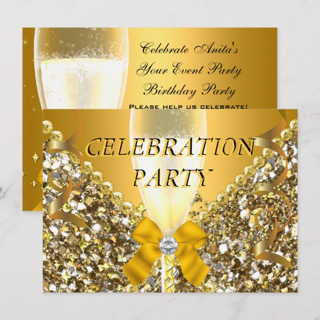 Invitation FÊTE Parties scintillant Gold Silver Champagne Par (Devant / Derrière)