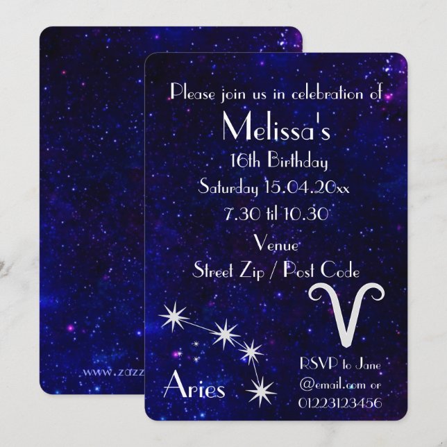 Invitation Fête personnalisée de la galaxie du zodiaque Bélie (Devant / Derrière)
