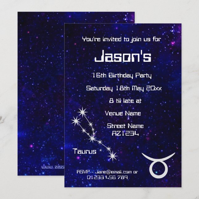 Invitation Fête personnalisée du zodiaque Taureau Galaxy (Devant / Derrière)