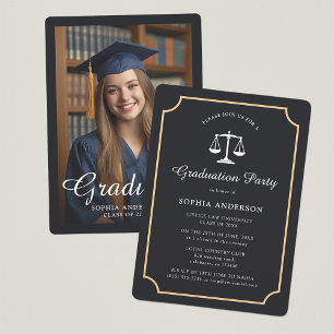 Invitation Fête photo moderne Vintage Black & Gold Law Grad