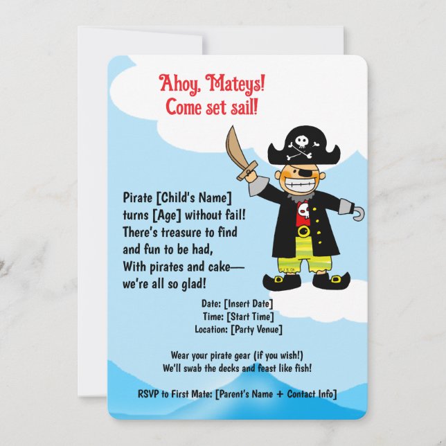 Invitation Fête Pirate pour enfants (Devant)