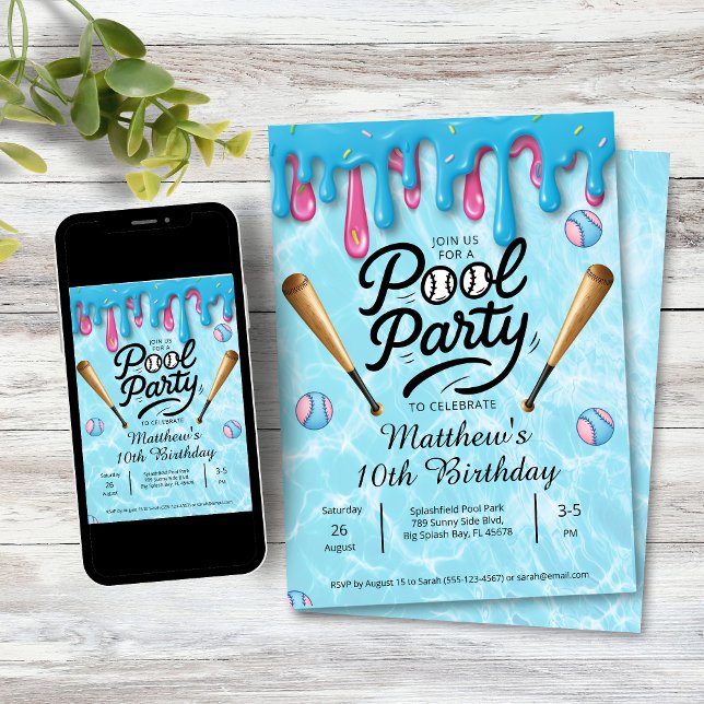 Invitation Fête piscine à goutte de baseball Enfants / Adoles (Baseball Drip Pool Party Birthday Invitation)