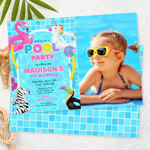 Invitation Fête Piscine Flamant Licorne Flotteur Photo Annive