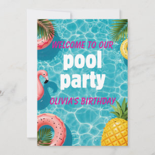 Invitation Fête Piscine Flamant Tropical Fun