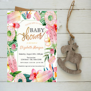 Invitation Fête pour bébé Glace, Donuts Sucreries Feuilles