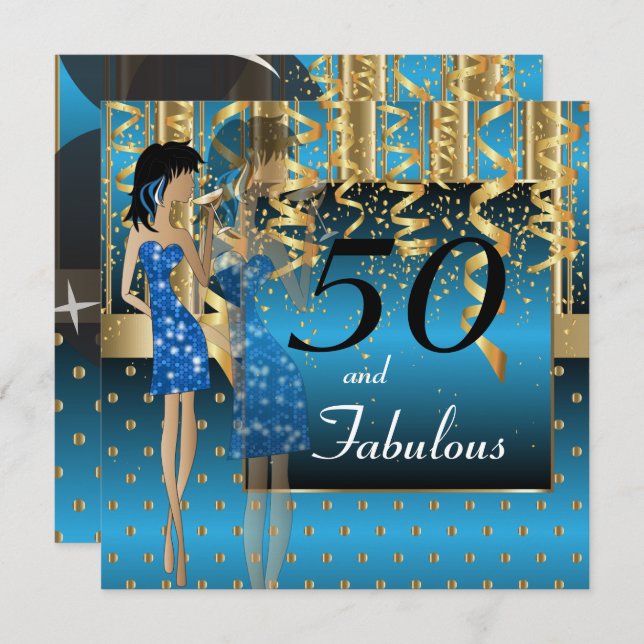 Invitation Fête pour les 50 ans | Thème fille | Bleu et Or (Devant / Derrière)