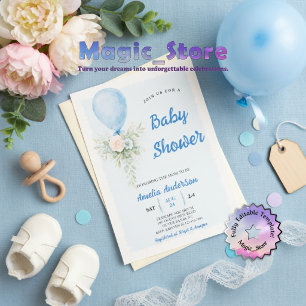 Invitation Fête Prénatale Aquarelle Florale Ballon Bleu Paste