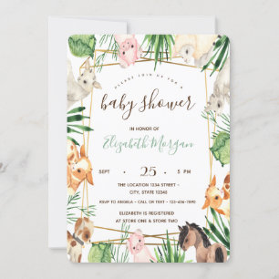 Invitation Fête Prénatale Bébé Animaux de Ferme à l'Aquarelle