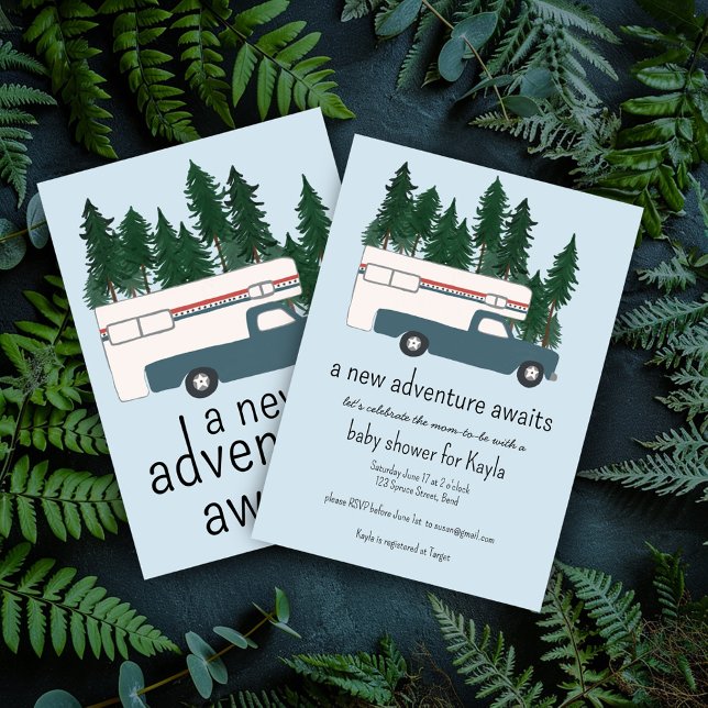 Invitation Fête Prénatale Bébé Camping-Car Camionnette Rétro (Adventure Awaits Baby Shower Invitation Vintage Truck Camper RV Motorhome Vanlife Camping )