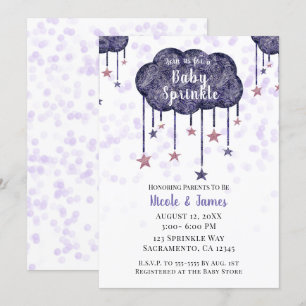 Invitation Fête Prénatale Bébé Étoiles Dorées et Violettes Cé