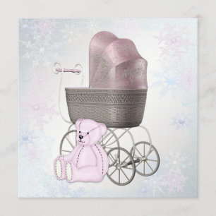 Invitation Fête Prénatale Bébé Fille Flocon de Neige Rose Mer