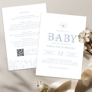 Invitation Fête prénatale bébé tout-en-un Fleur sauvage bleu 