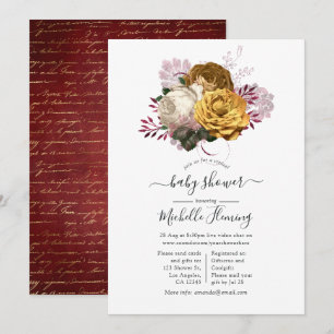 Invitation Fête prénatale Burgundy blanc et floral doré