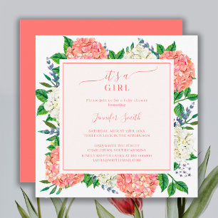 Invitation Fête Prénatale C'est Une Fille Hydrangea Rose Élég