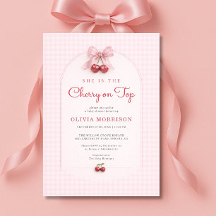 Invitation Fête Prénatale Coquette Cerise sur Gingham