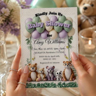 Invitation Fête Prénatale de Bébé aux Animaux de la Forêt Ver