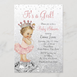 Invitation Fête Prénatale de Bébé Princesse Rose Pailleté Arg