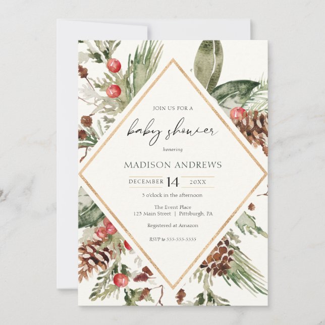 Invitation Fête prénatale élégante de poinsettia de Noël (Devant)